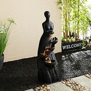 Outdoor Water Fountain with LED Light, Children Playing with Faucet Waterfall Fountains, Antique Bronze Resin