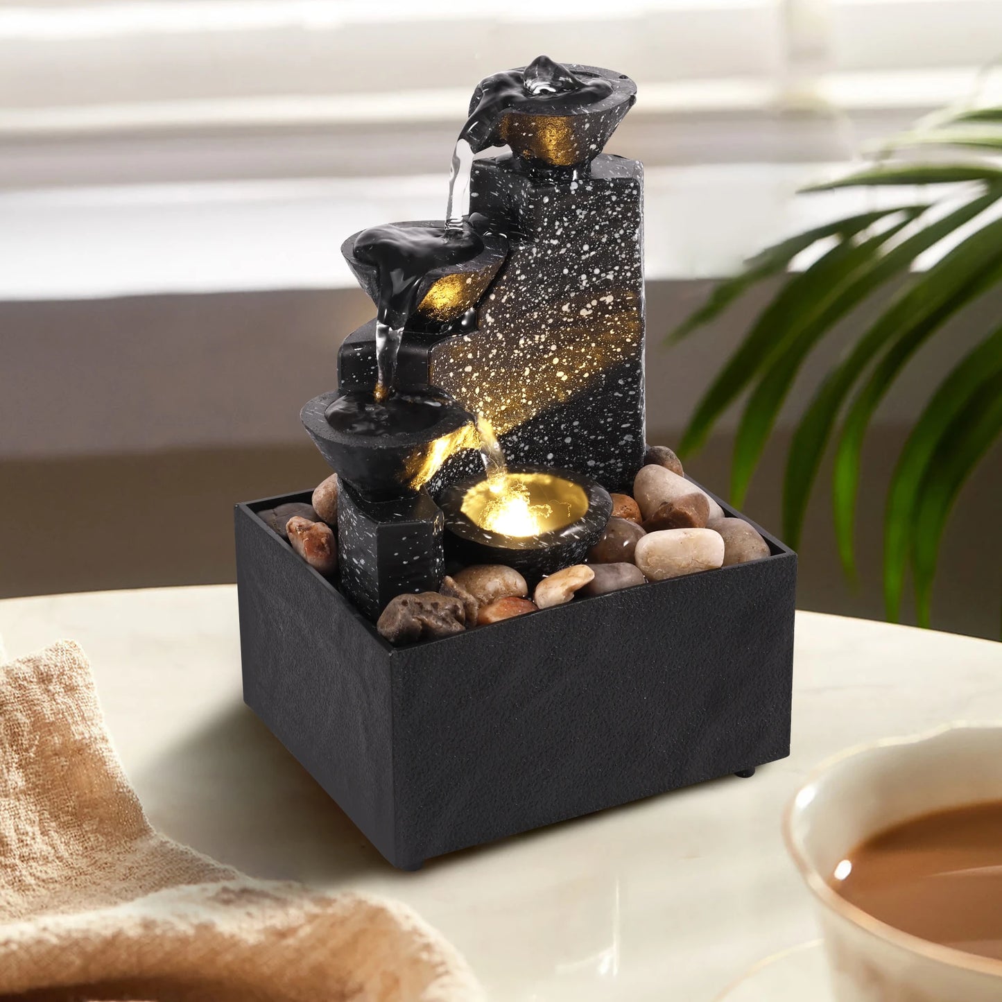 Tabletop Waterfall Relaxation Meditation Desktop Fountain with Soft Lights Flowing Water Ornaments
