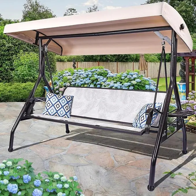 3 Person Patio Swing  for Adults, with Adjustable Canopy &Upgraded Cup Holders,Textilene Fabric Porch Swing Chair