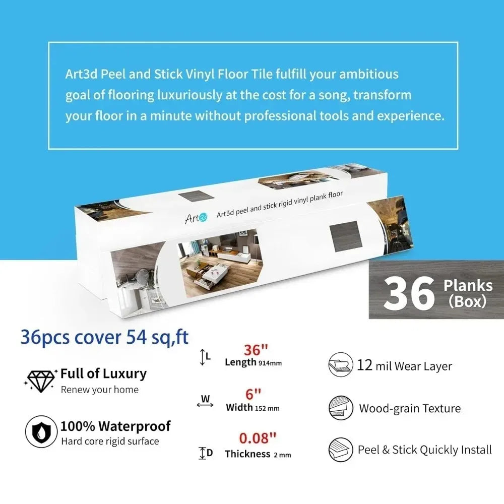 54 Sq.Ft  Vinyl Wood Plank, Rigid Surface Hard Core Easy DIY Self-Adhesive Flooring