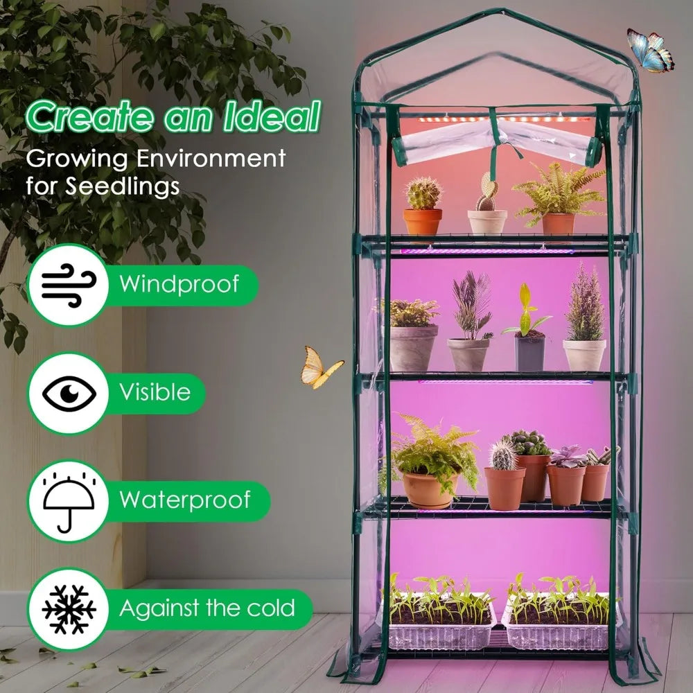 4-Layer Mini Greenhouse with Growth Lights,Equipped with Roller Shutter, Zipper, PVC Waterproof Cover and Tray
