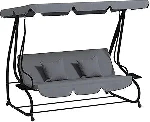 3-Seat Outdoor Patio Swing Chair, Converting Flatbed, Outdoor Swing Glider with Adjustable Canopy, Removable Cushion and Pillow
