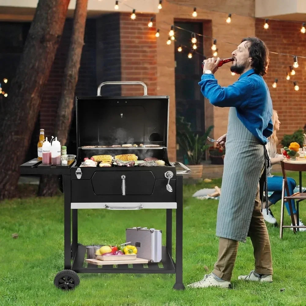 24-Inch Charcoal Grill with Foldable Side Table