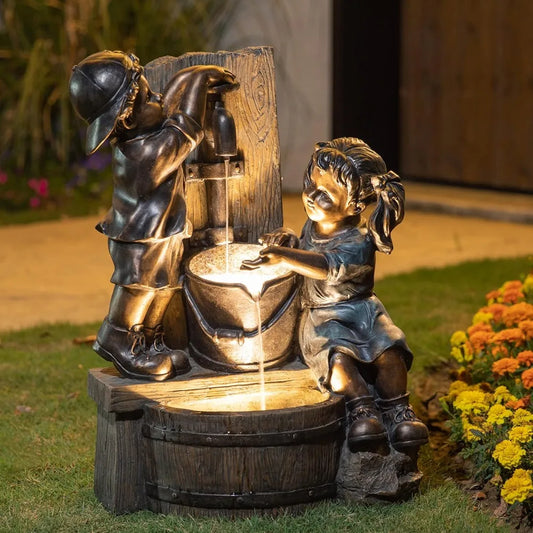 Outdoor Water Fountain with LED Light, Children Playing with Faucet Waterfall Fountains, Antique Bronze Resin