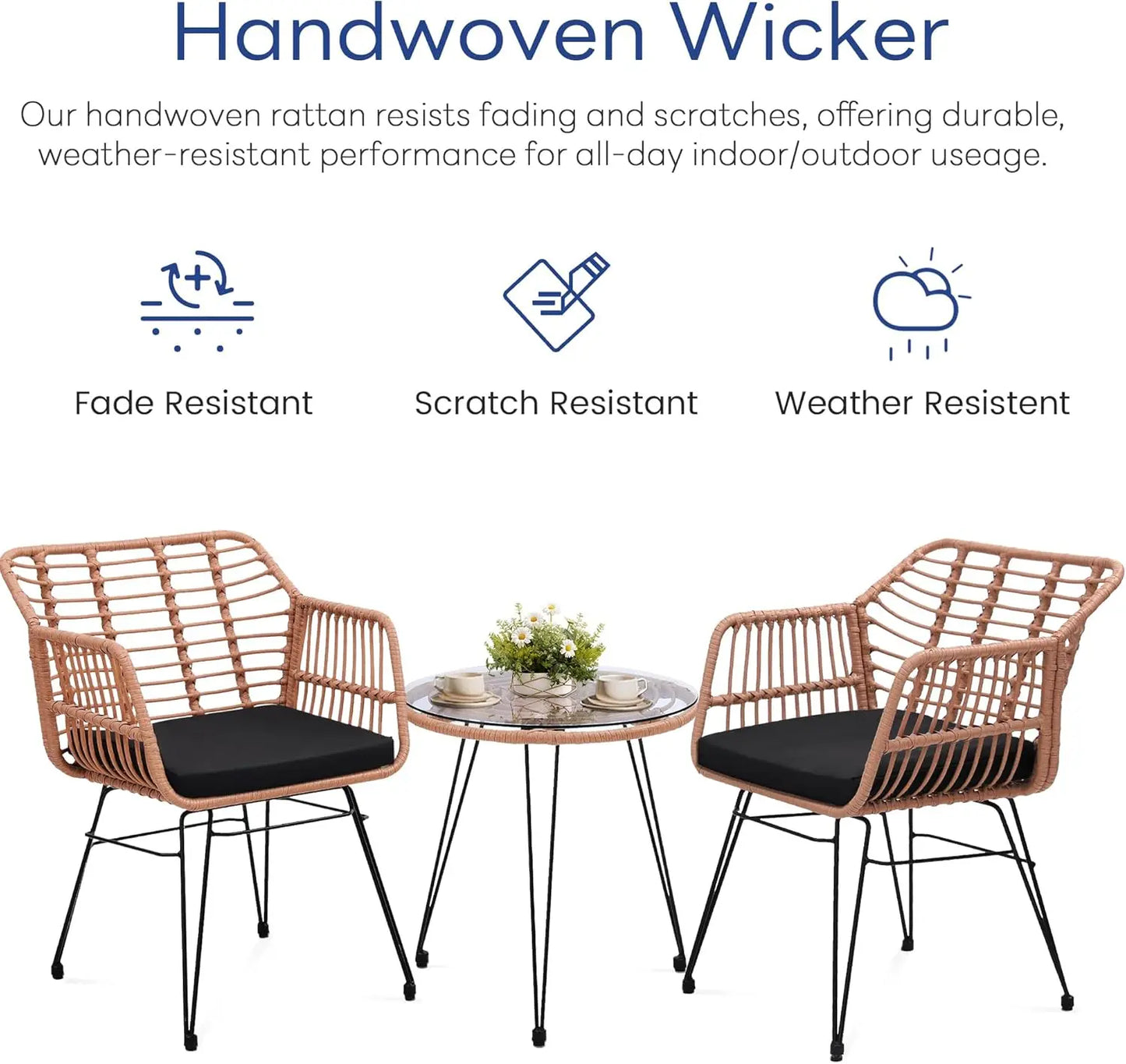 3 Piece Wicker Patio Bistro Furniture Set, Includes 2 Rattan Chairs and Glass Top Table