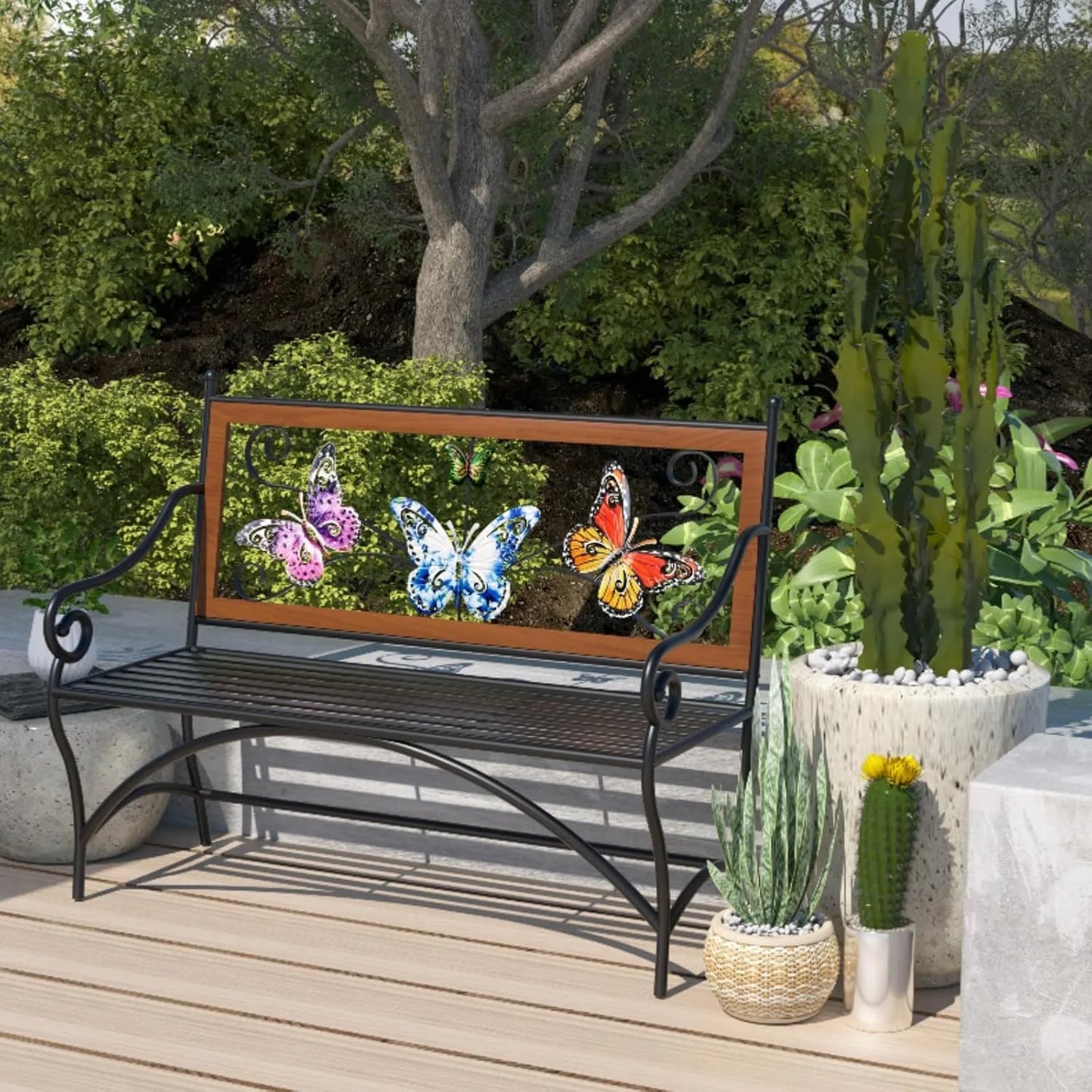 39.7" Outdoor Bench, Garden Bench, Patio Bench with Armrest, Slatted Seat and Butterfly Pattern Backrest for Outside,