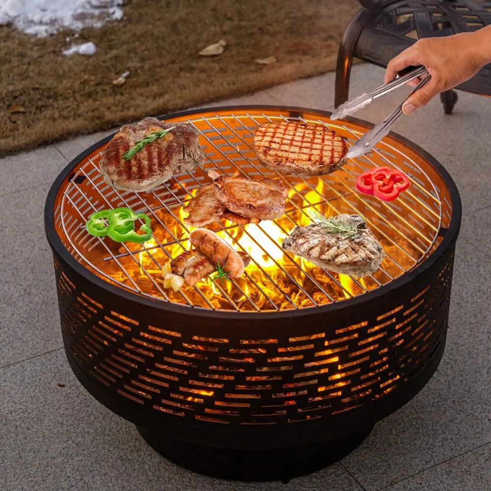 26" Wood Burning Fire Pits with Grill & Lid,