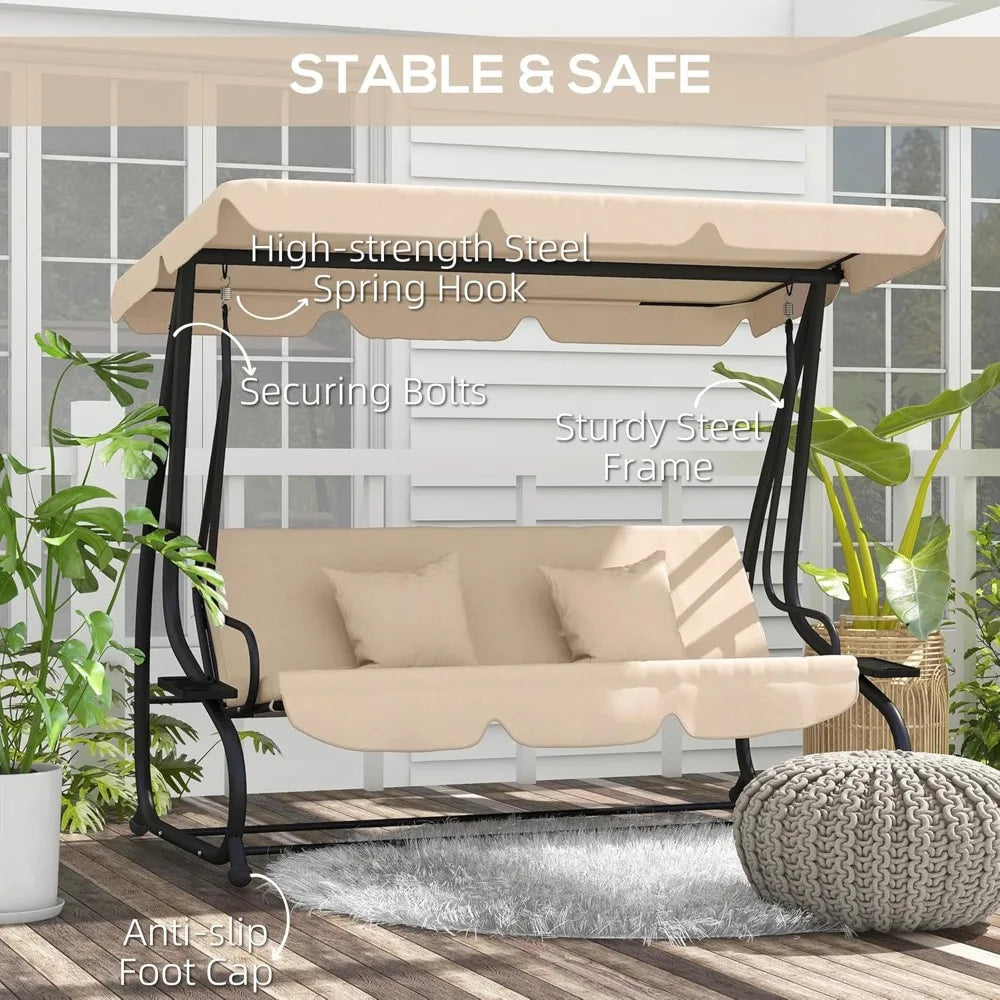 3-Seat Outdoor Patio Swing Chair, Converting Flatbed, Outdoor Swing Glider with Adjustable Canopy, Removable Cushion and Pillow