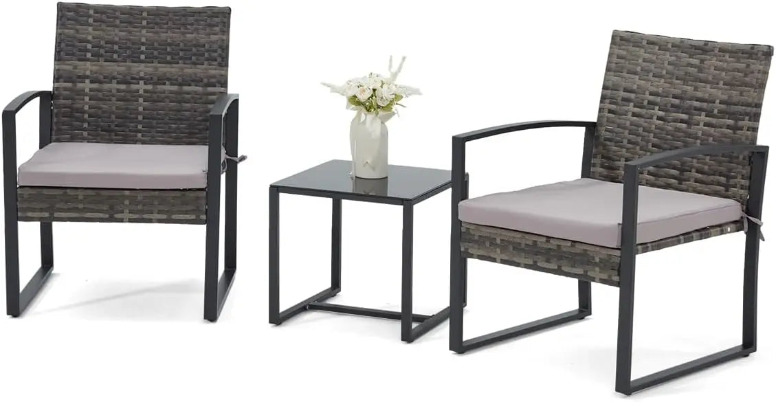 3 Pieces Patio Furniture Set, Outdoor with Coffee Table, Durable Steel Frame with Strapped Cushions for Garden