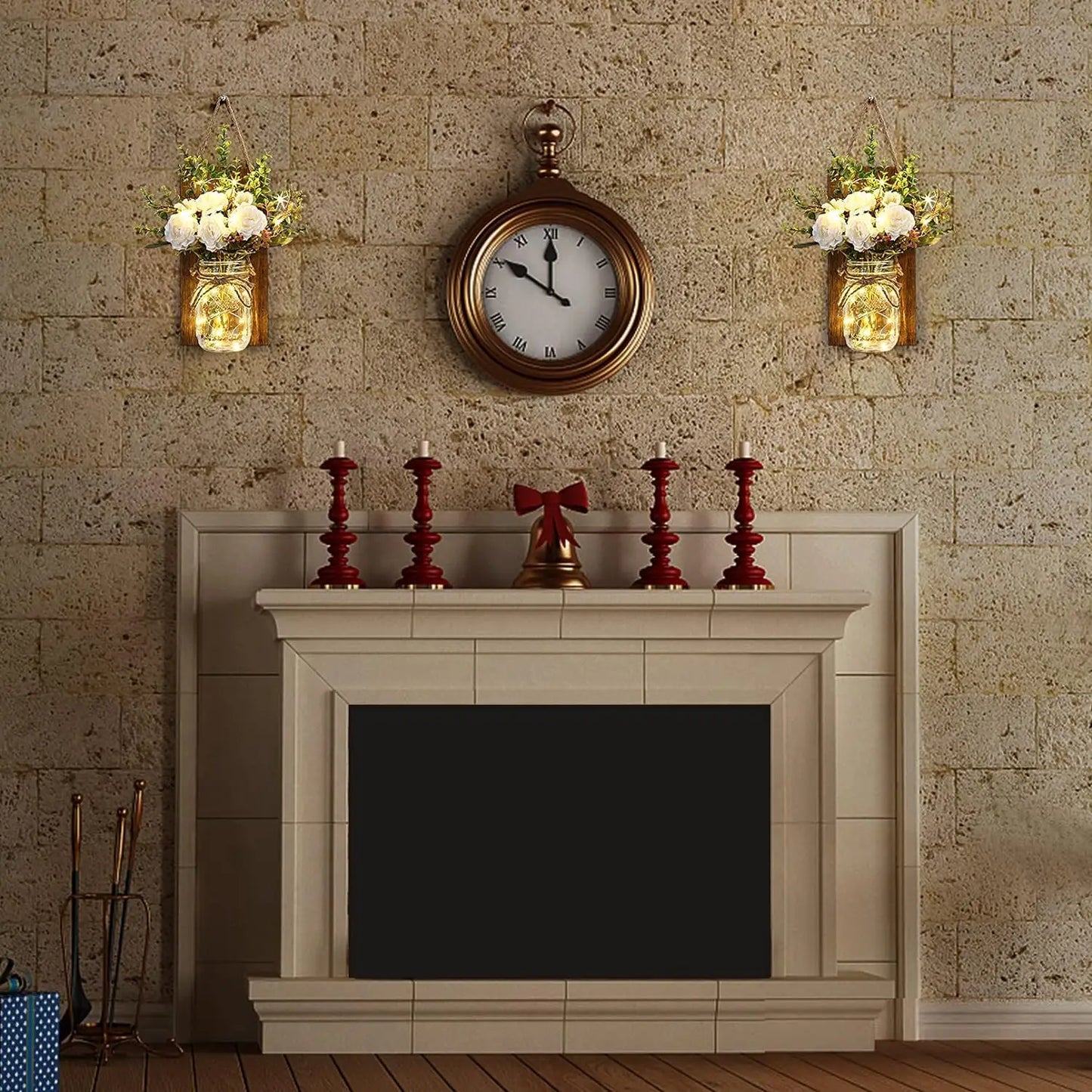 Lightess Mason Jar Wall Sconce with Flower Wood Decoration LED Fairy Lights Rustic Wall Lamp