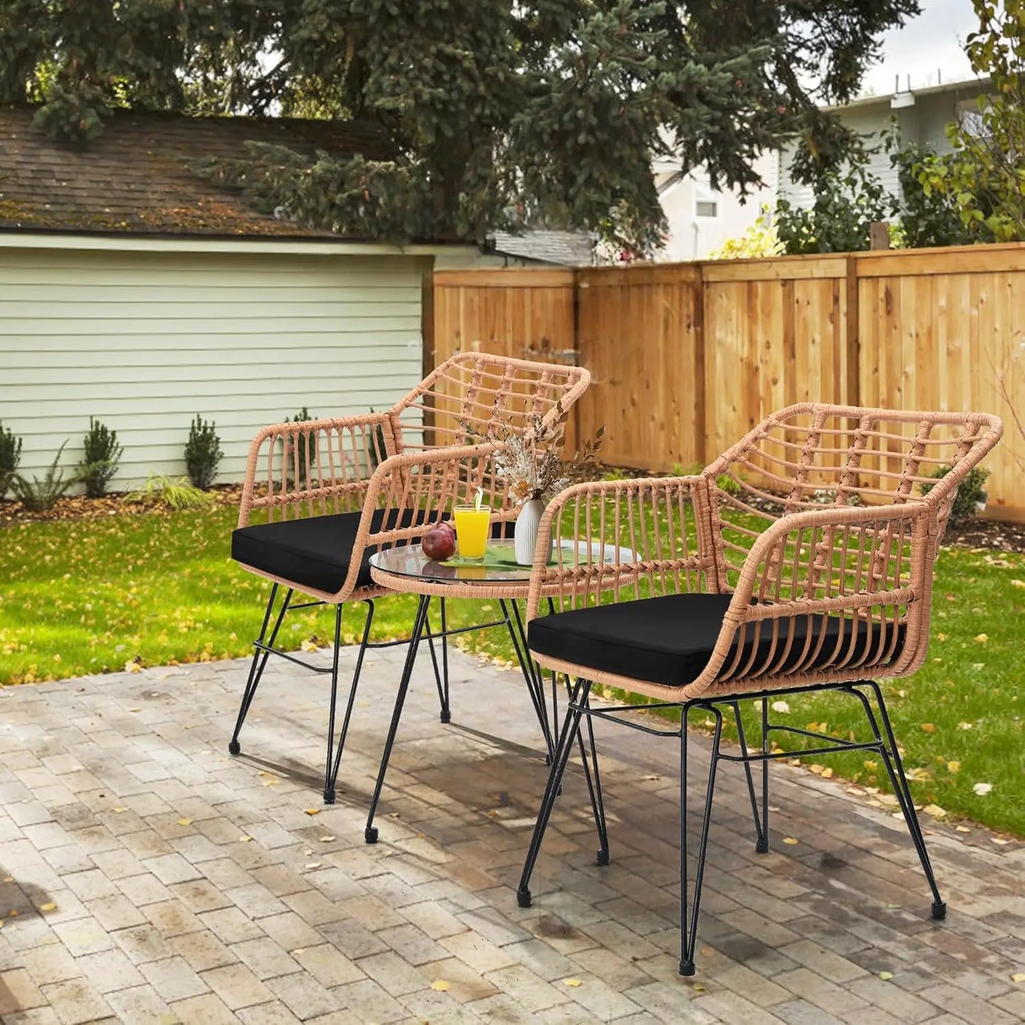 3 Piece Wicker Patio Bistro Furniture Set, Includes 2 Rattan Chairs and Glass Top Table