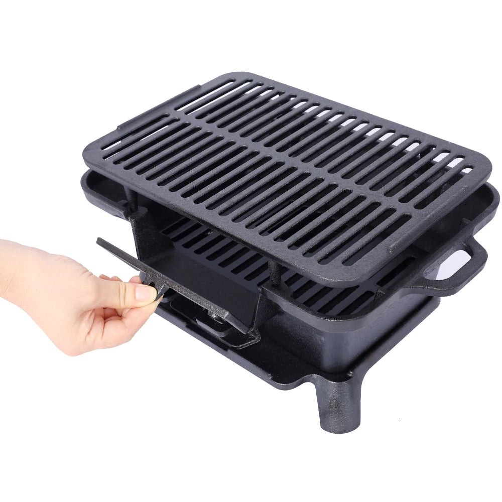 Oval Cast Iron Grill Outdoor, Portable Charcoal Grill and Tabletop Cast Iron Skillet - 100% Cast Iron, Enameled, Durable