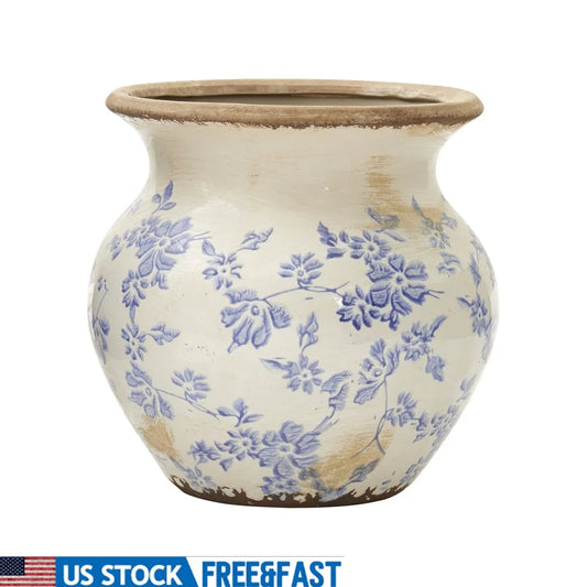Tuscan Ceramic Blue Scroll Urn Vase Indoor Floral Planter Rustic Home Decor Vintage Style Durable Decorative Container