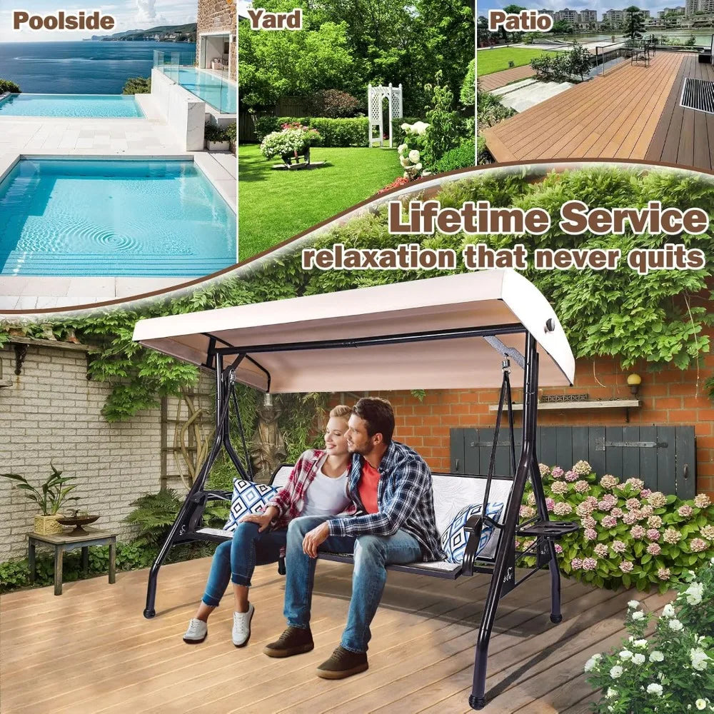3 Person Patio Swing  for Adults, with Adjustable Canopy &Upgraded Cup Holders,Textilene Fabric Porch Swing Chair