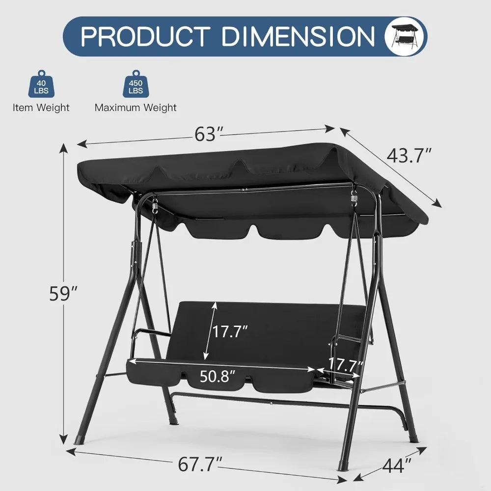 3-Seat Glider Patio Swings with Removable Cushion and Adjustable Canopy, Porch Bench for Garden