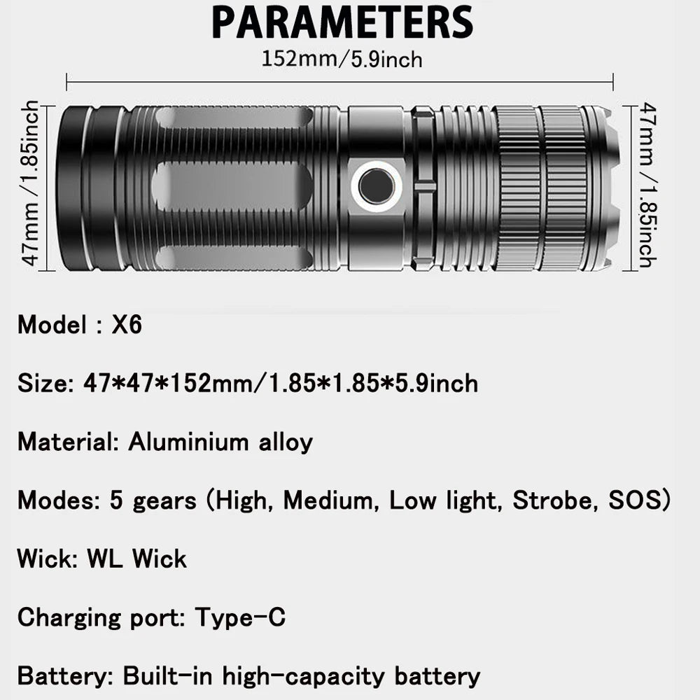 Rechargeable LED Flashlight Zoom High Power