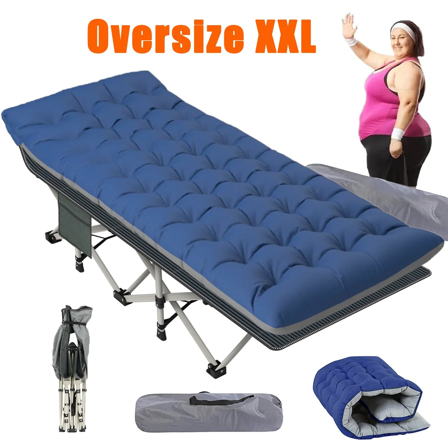 XXL Camping Bed/Camping Cots For Adults, Portable & Foldable Folding Cot Bed With 4" Cozy Mattress, Easy-to-Carry Outdoor Daybed