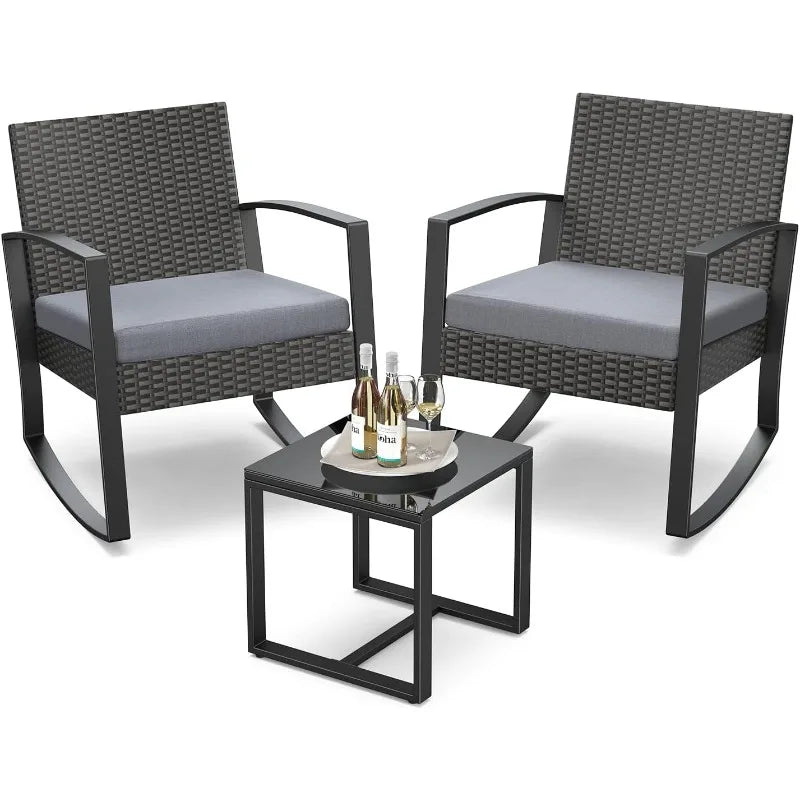 3 Pieces Patio Rocking Bistro Set Outdoor Rattan Conversation with Coffee Table for Garden Balcony Backyard Poolsi