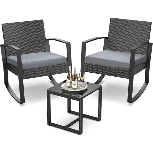 3 Pieces Patio Rocking Bistro Set Outdoor Rattan Conversation with Coffee Table for Garden Balcony Backyard Poolsi