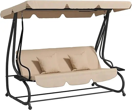 3-Seat Outdoor Patio Swing Chair, Converting Flatbed, Outdoor Swing Glider with Adjustable Canopy, Removable Cushion and Pillow