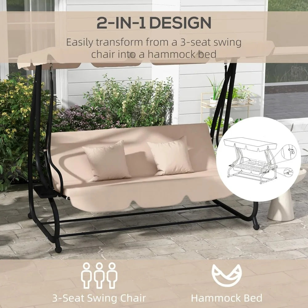 3-Seat Outdoor Patio Swing Chair, Converting Flatbed, Outdoor Swing Glider with Adjustable Canopy, Removable Cushion and Pillow