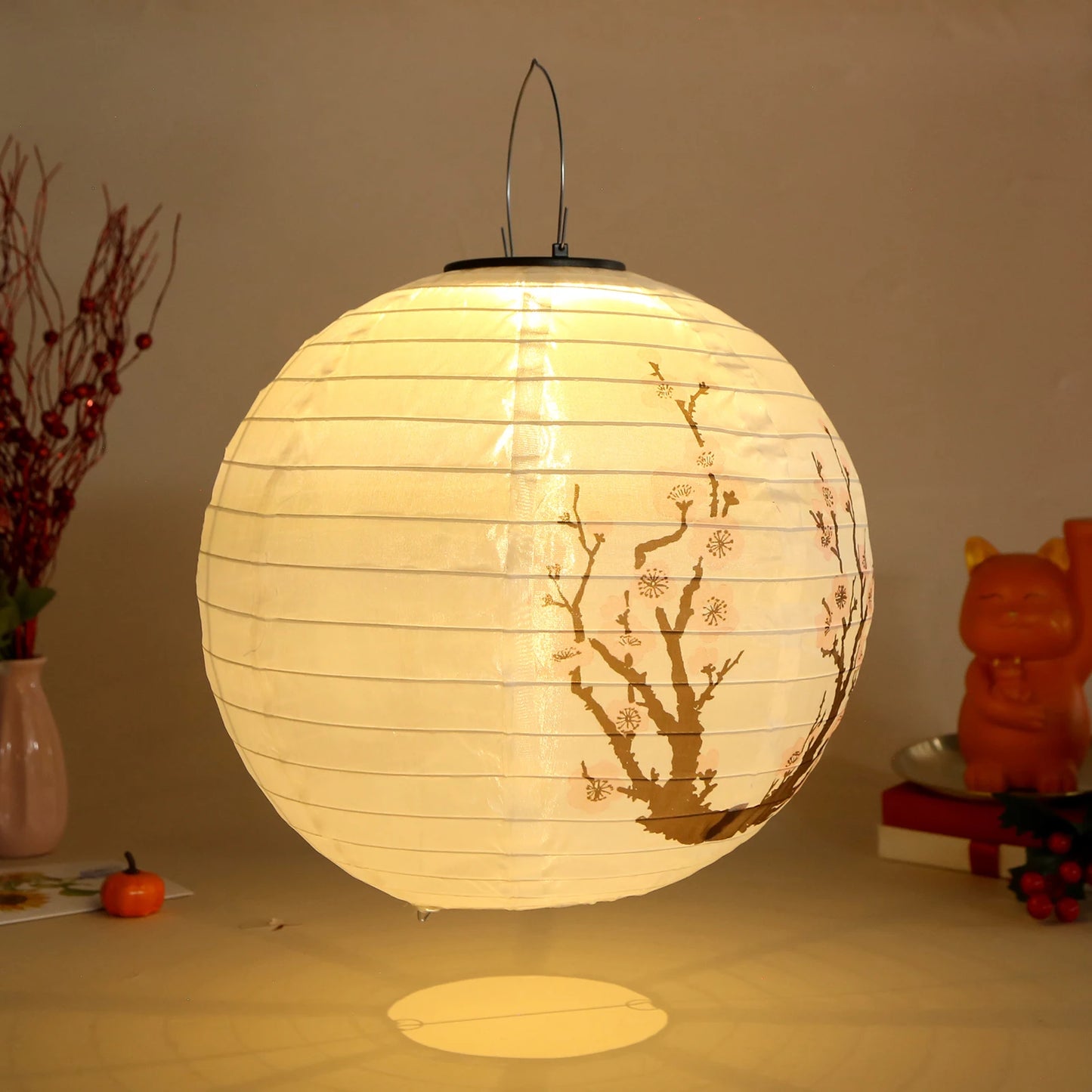 30cm Solar Power LED Plum Blossom Lights IP65 Waterproof Chinese Traditional Hanging Lanterns for Garden Porch