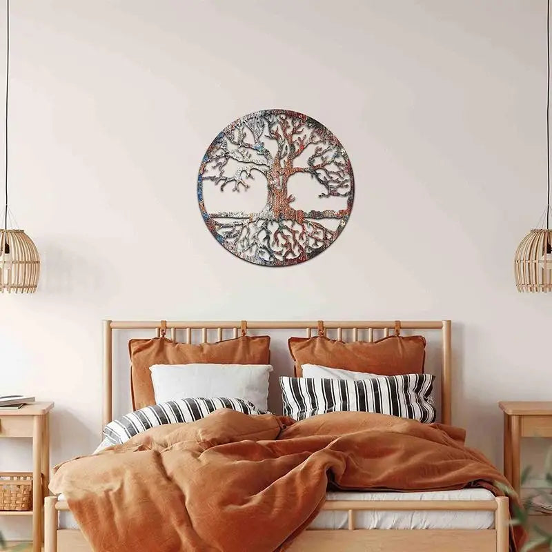 D Iron Tree Wall Sculpture Life Tree Silhouette Decor Wall Art Hollowed Out Hanging Sign For