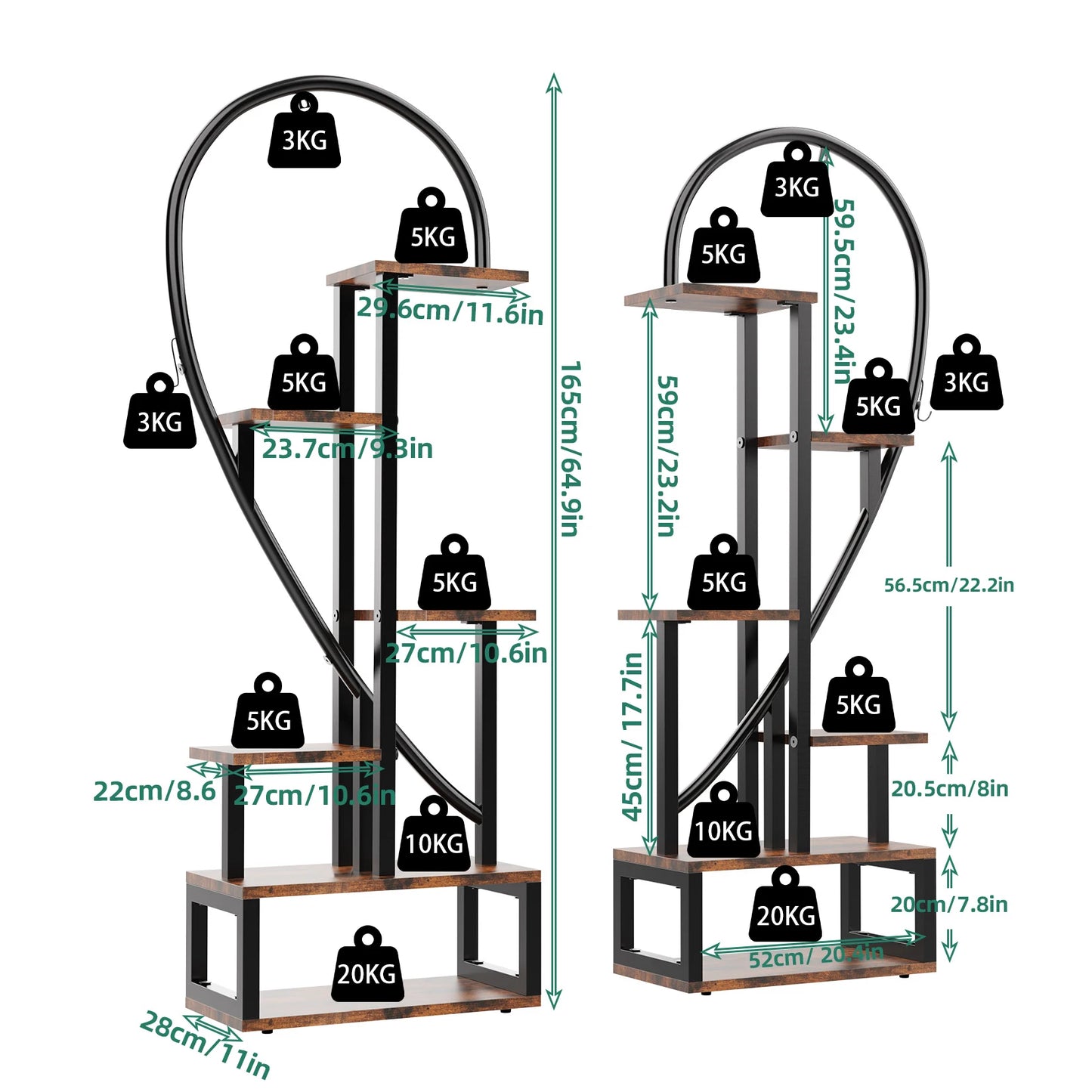 2X Plant Stand Half Heart Shaped Planter Rack Flower Display w/ Hooks Garden Ladder Planting Shelf(Excluding light string)