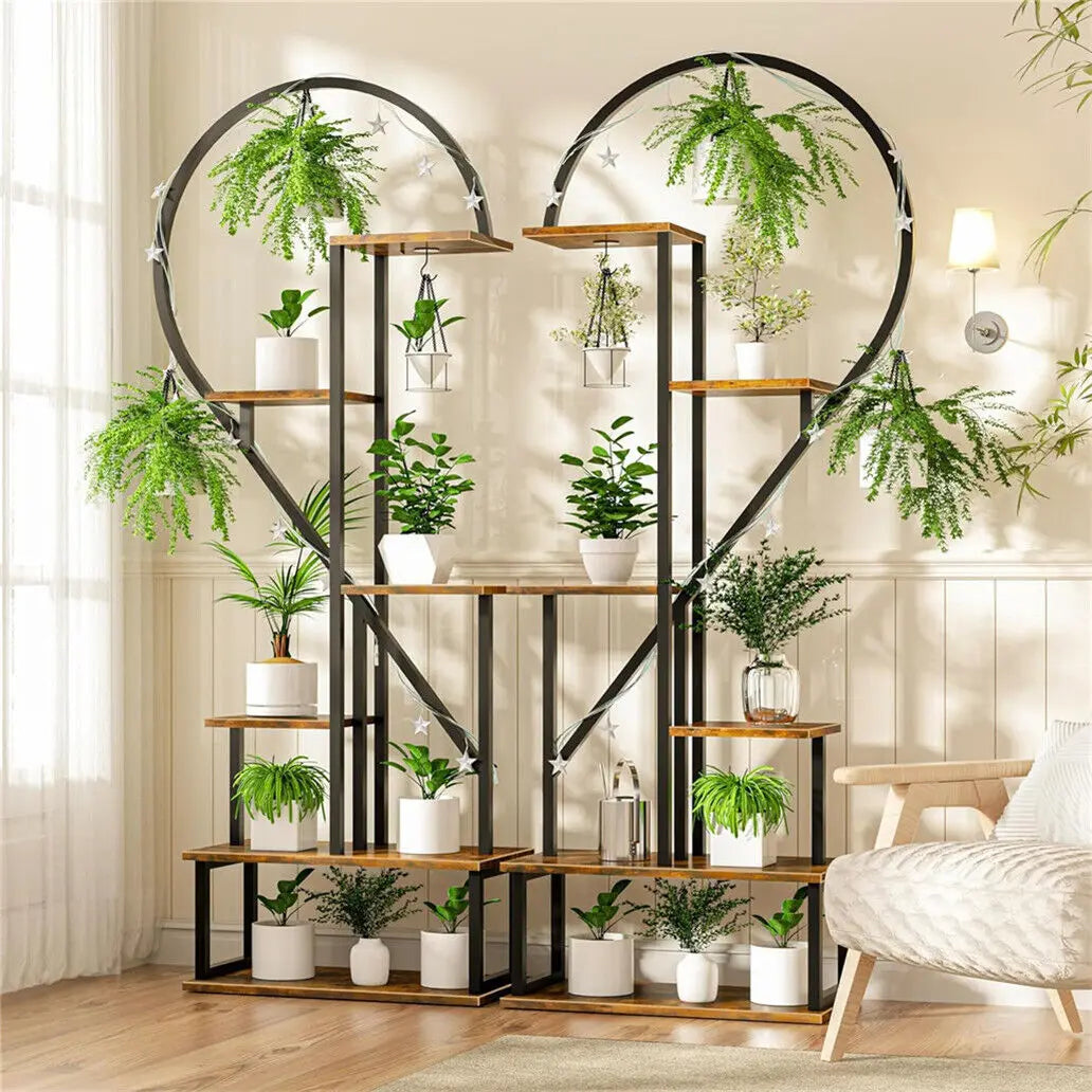 2X Plant Stand Half Heart Shaped Planter Rack Flower Display w/ Hooks Garden Ladder Planting Shelf(Excluding light string)