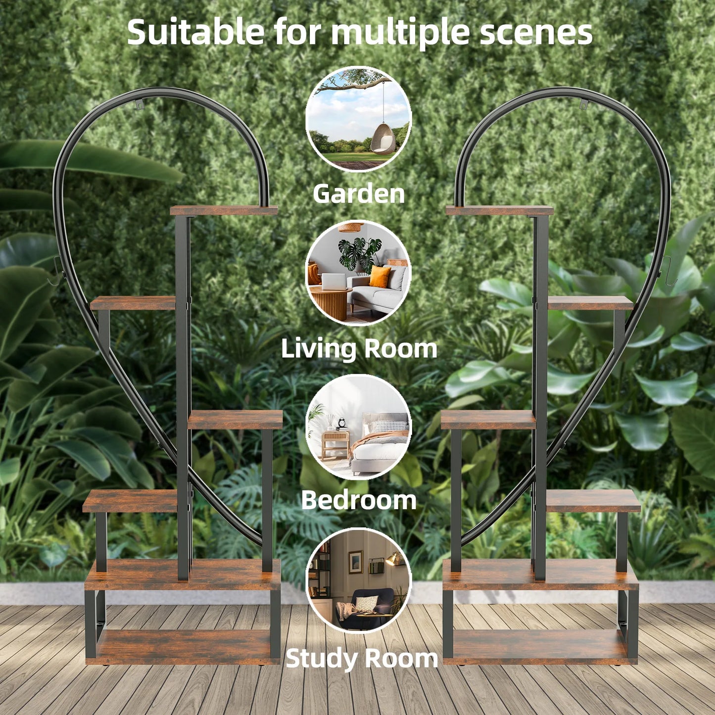 2X Plant Stand Half Heart Shaped Planter Rack Flower Display w/ Hooks Garden Ladder Planting Shelf(Excluding light string)