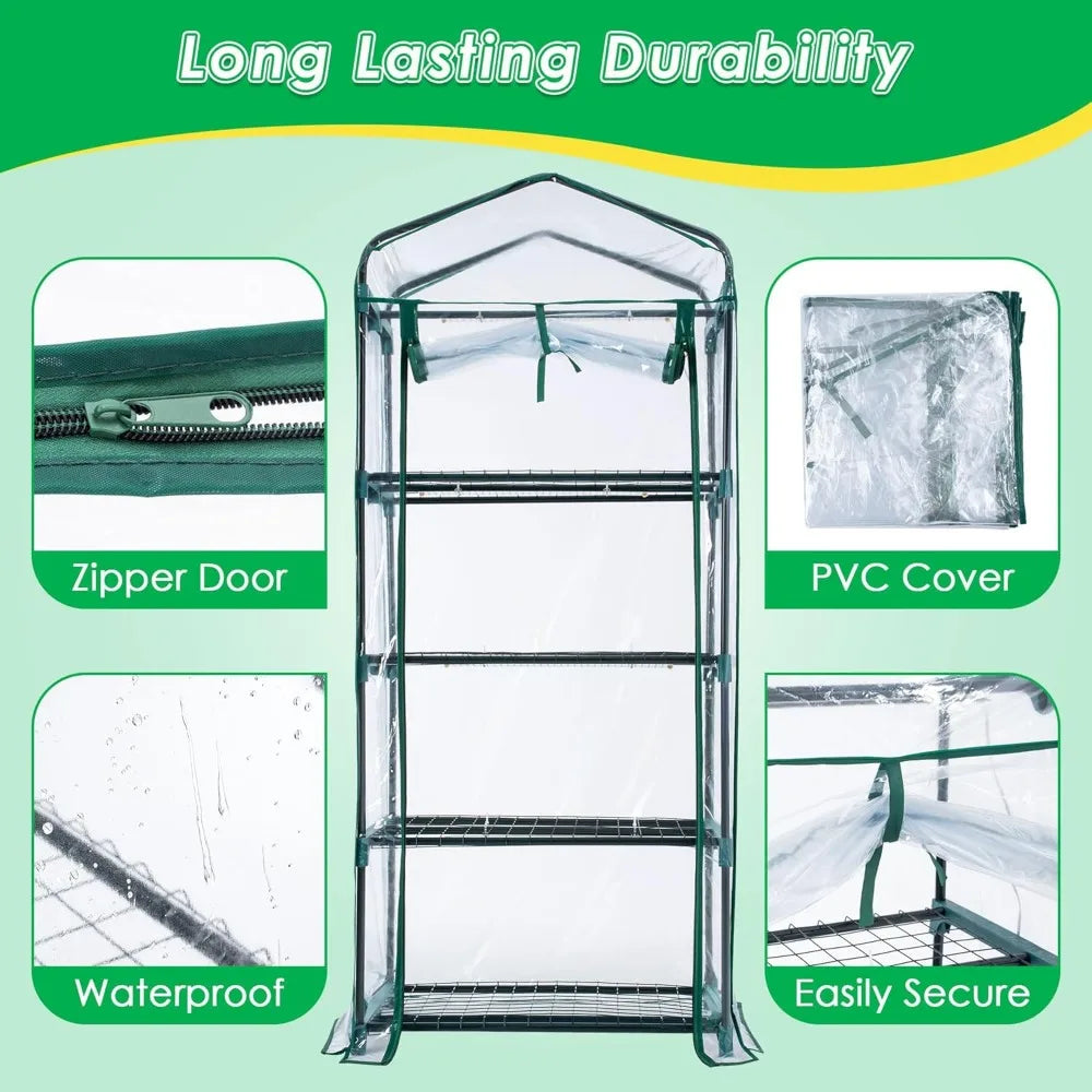 4-Layer Mini Greenhouse with Growth Lights,Equipped with Roller Shutter, Zipper, PVC Waterproof Cover and Tray