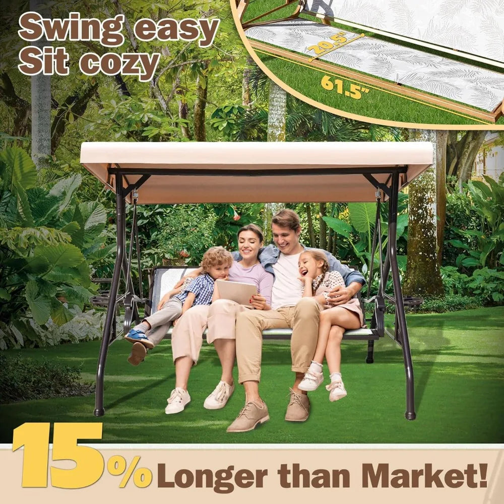 3 Person Patio Swing  for Adults, with Adjustable Canopy &Upgraded Cup Holders,Textilene Fabric Porch Swing Chair