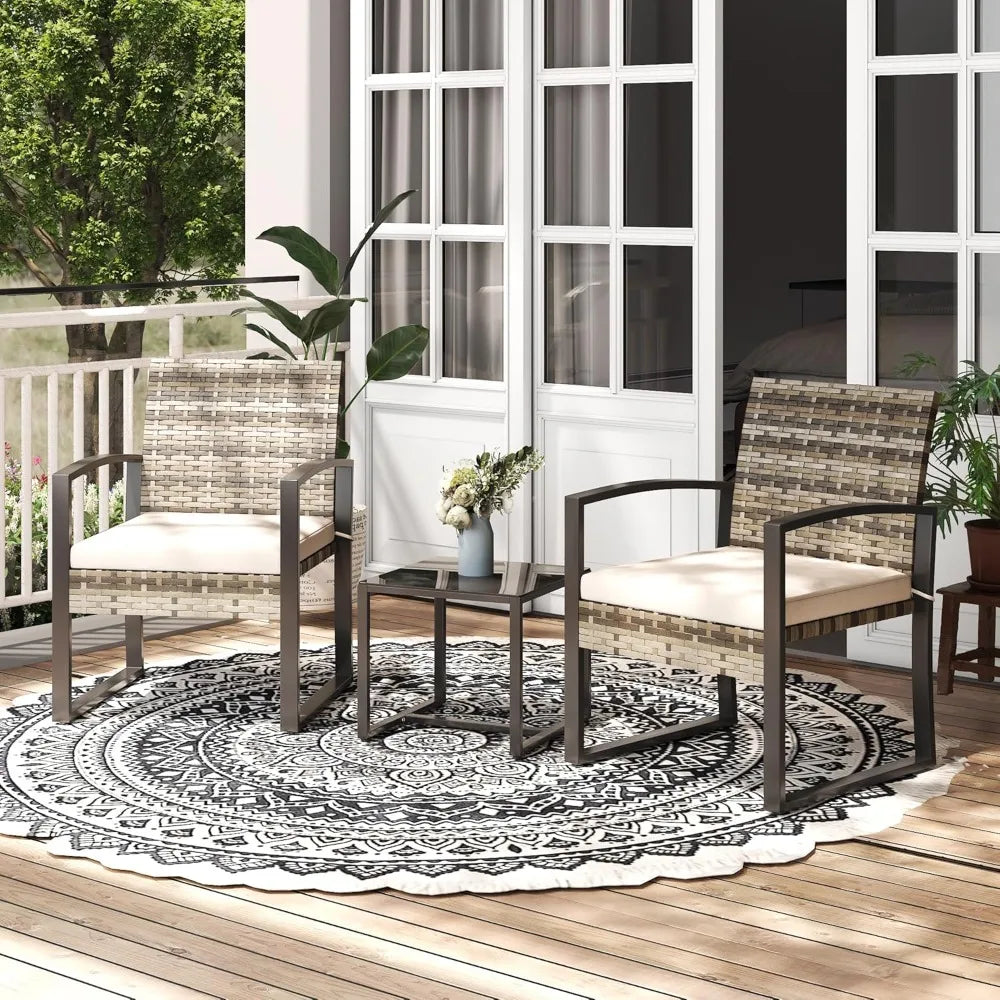 3 Pieces Patio Furniture Set, Outdoor with Coffee Table, Durable Steel Frame with Strapped Cushions for Garden