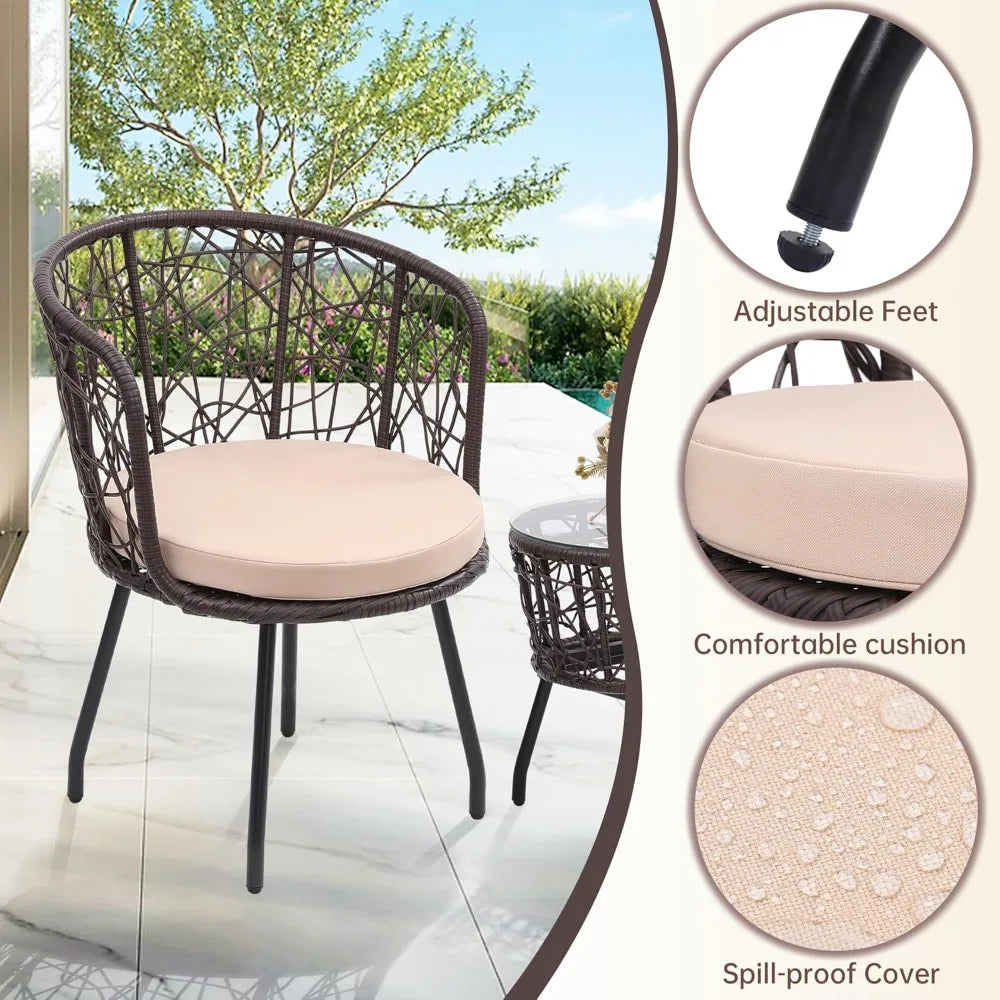 Boho 3 Piece Bistro Set, Modern Outdoor Wicker Patio Furniture with Tempered Glass Table Top and 2 Chairs, Washable Cushions, B