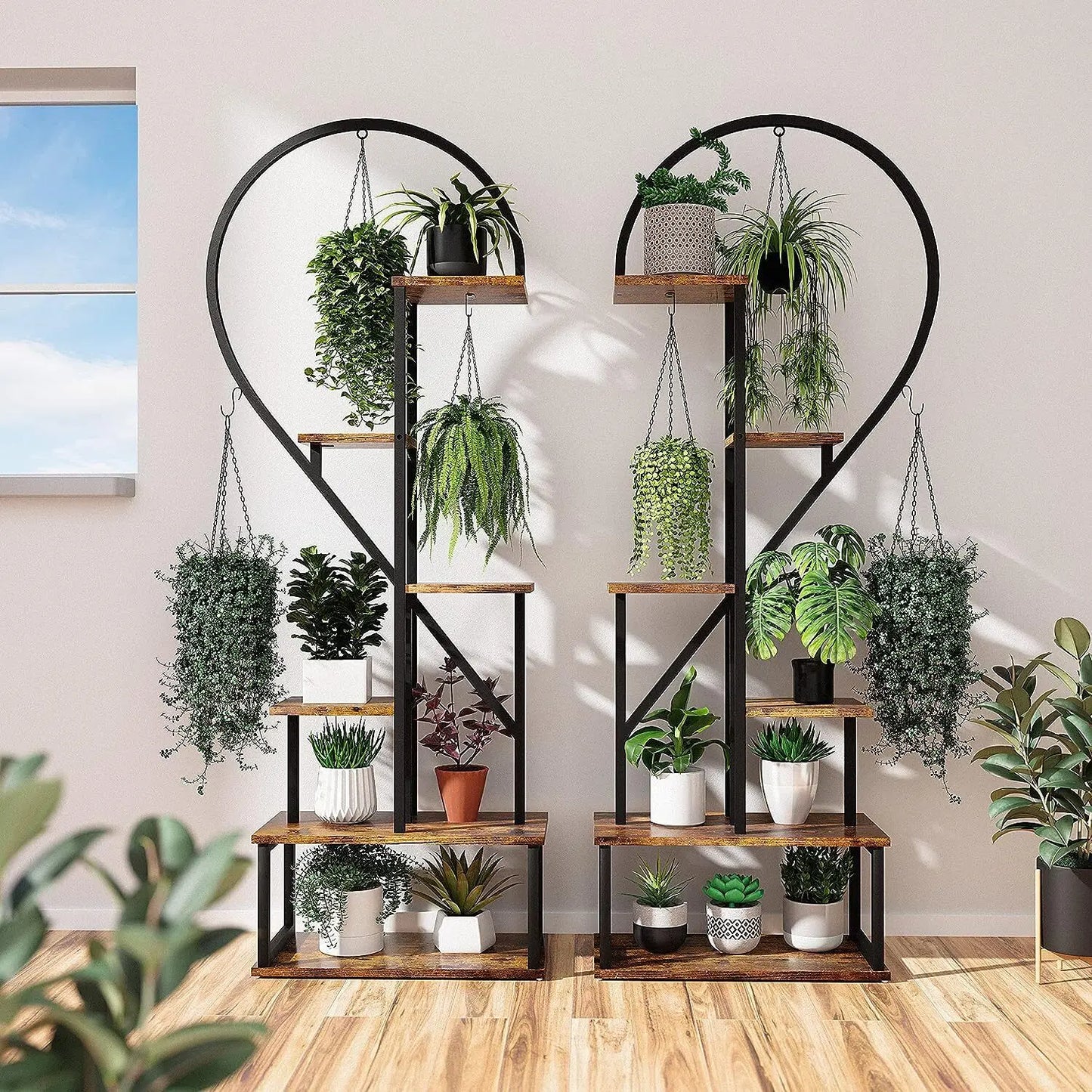 2X Plant Stand Half Heart Shaped Planter Rack Flower Display w/ Hooks Garden Ladder Planting Shelf(Excluding light string)