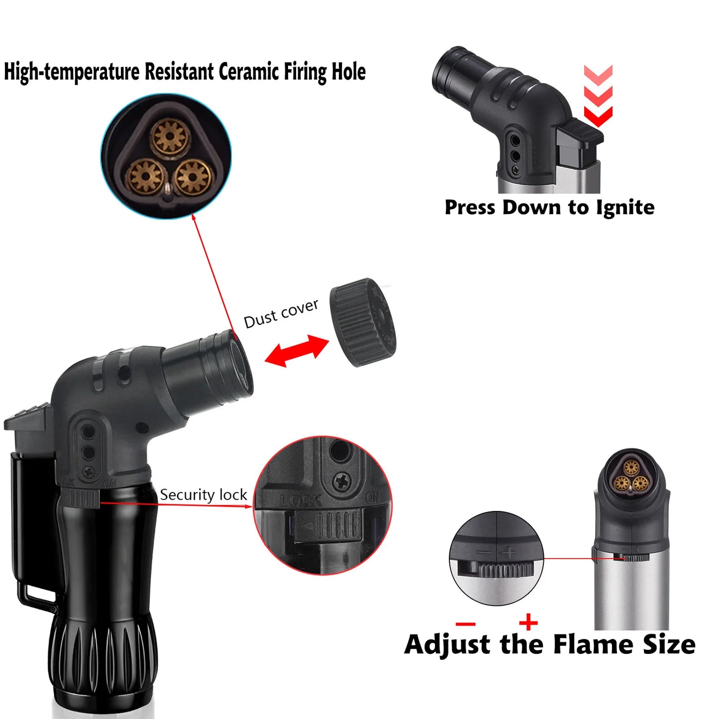 2pcs/Set Triple Jet Flame Torch Lighter Bend Head Design Refillable Butane Gas,