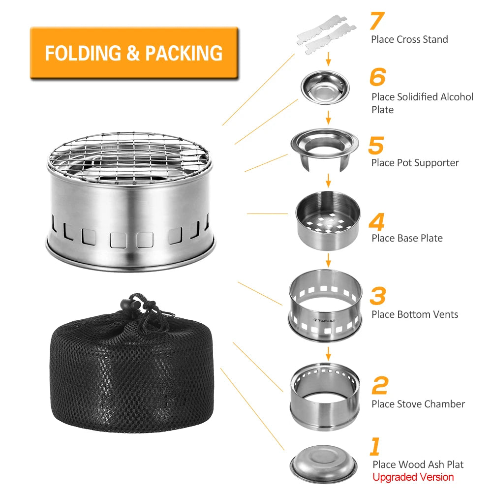 Portable Folding Windproof Wood Burning Stove Compact Stainless Steel Alcohol Stove Outdoor Camping Hiking Backpacking Picnic BB