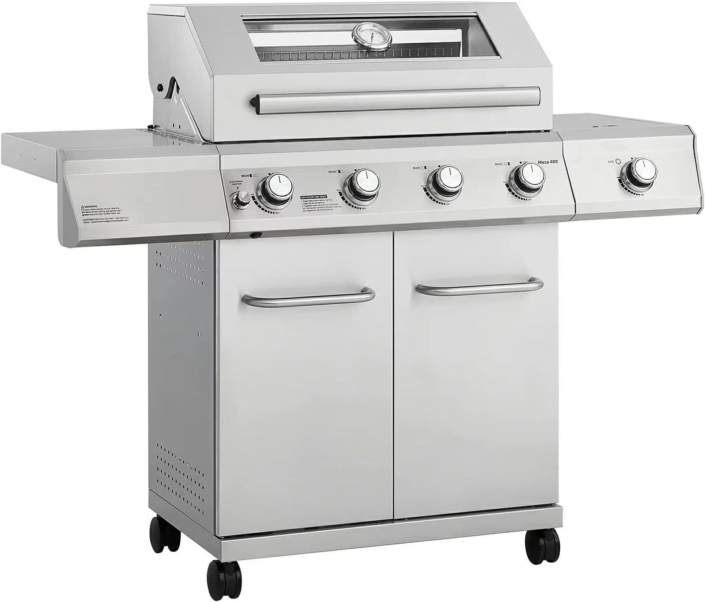 Larger 4-Burner Propane Gas Grill with Knob Controls & Side Burner