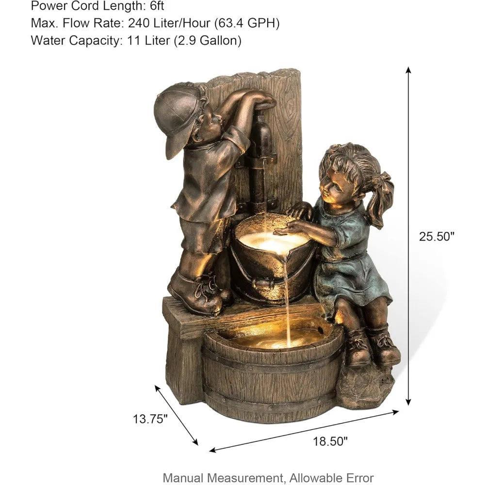 Outdoor Water Fountain with LED Light, Children Playing with Faucet Waterfall Fountains, Antique Bronze Resin