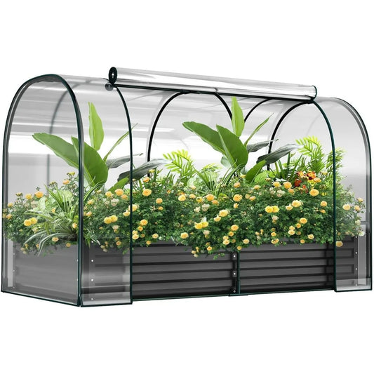 Galvanized Raised Garden Bed with Cover, 71"x35.4"x45.2" Metal Planter Bottomless Box w/ 2 Roll-Up Windows Mini Greenhouse