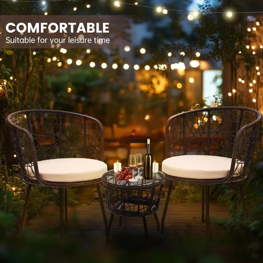 Boho 3 Piece Bistro Set, Modern Outdoor Wicker Patio Furniture with Tempered Glass Table Top and 2 Chairs, Washable Cushions, B