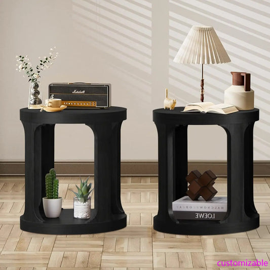 End Table Set of 2, Round Side Table with 2-Tier Storage, Accent Sofa Table for Living Room (Black)