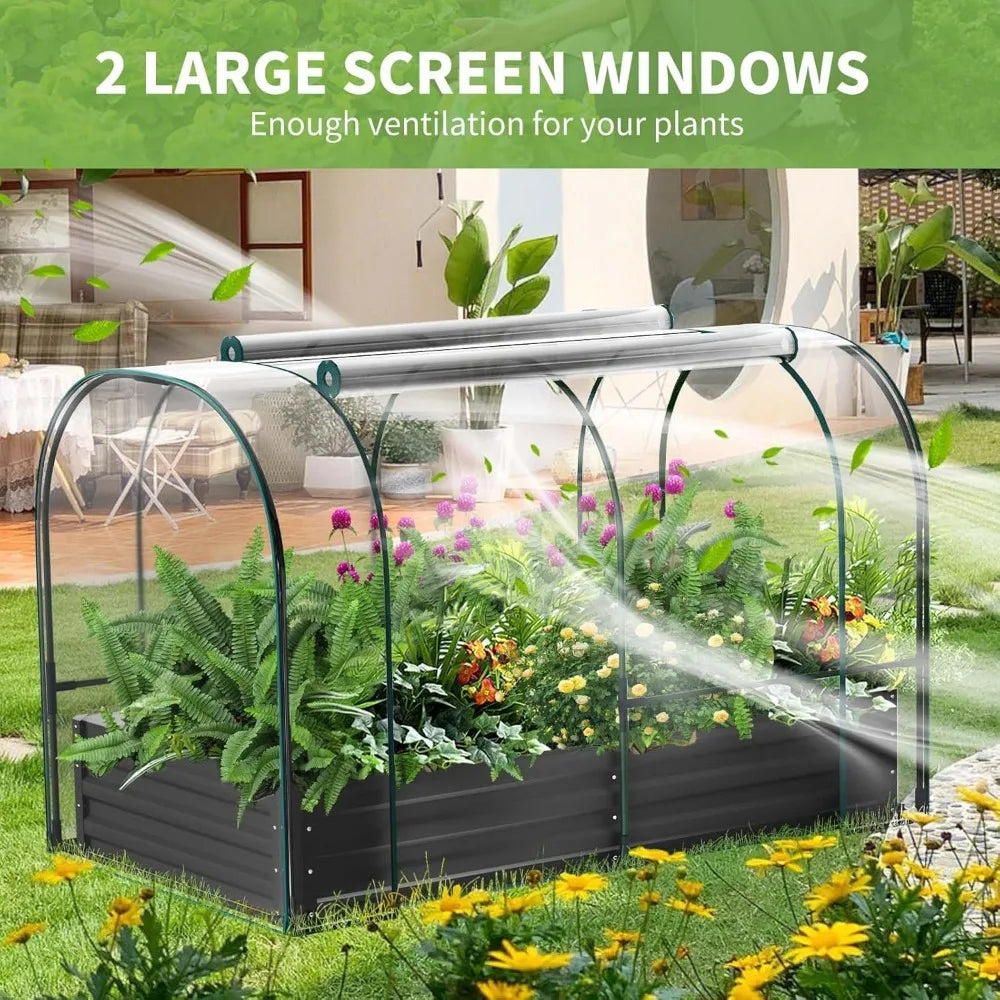 Galvanized Raised Garden Bed with Cover, 71"x35.4"x45.2" Metal Planter Bottomless Box w/ 2 Roll-Up Windows Mini Greenhouse