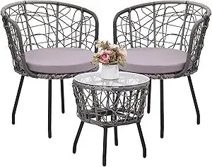 Boho 3 Piece Bistro Set, Modern Outdoor Wicker Patio Furniture with Tempered Glass Table Top and 2 Chairs, Washable Cushions, B