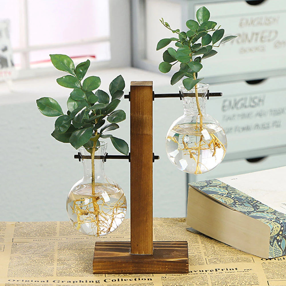 Glass Desktop Planter Bulb Vase Wooden Stand Hydroponic Plant Container Tabletop Decor Vases