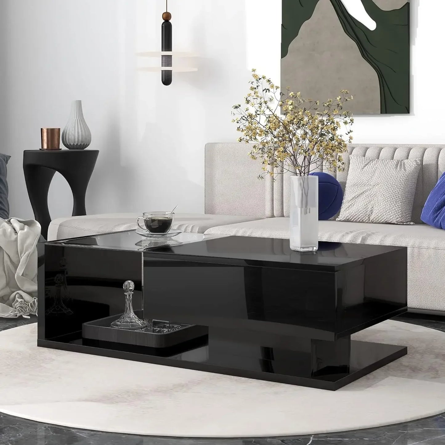 Coffee Table with Tempered Glass, Cocktail Table with High-Gloss UV Surface, Modernist 2-Tier Center Table for Living Room