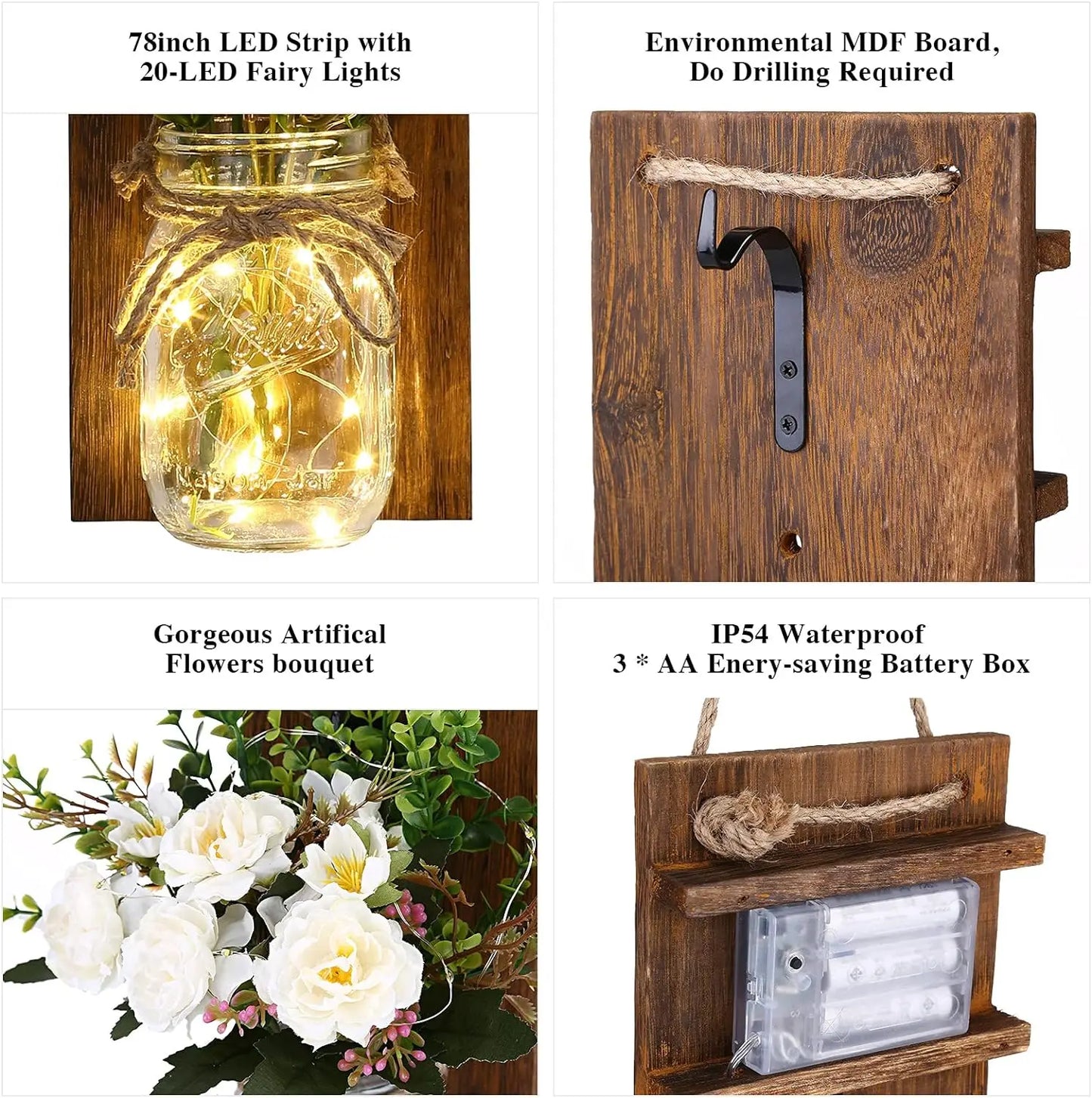 Lightess Mason Jar Wall Sconce with Flower Wood Decoration LED Fairy Lights Rustic Wall Lamp