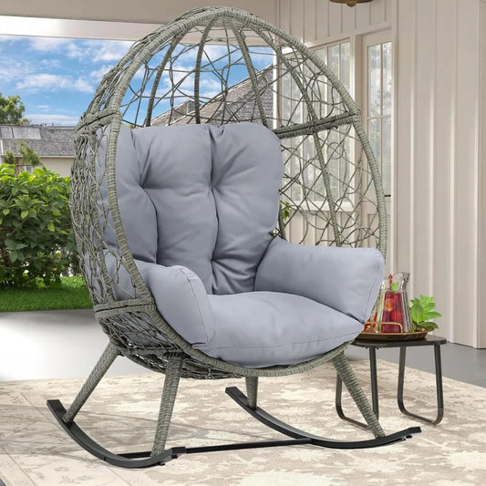 Wicker Rocking Egg Chair, Oversized Indoor Outdoor Rattan Rocking Chair, Indoor Outdoor Lounger for Patio, Backyard, Living Roo