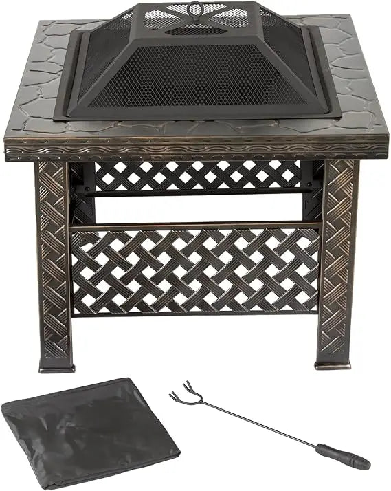 Fire Pit Set, Log Poker - Great for Outdoor and Patio, 32” Square Tile