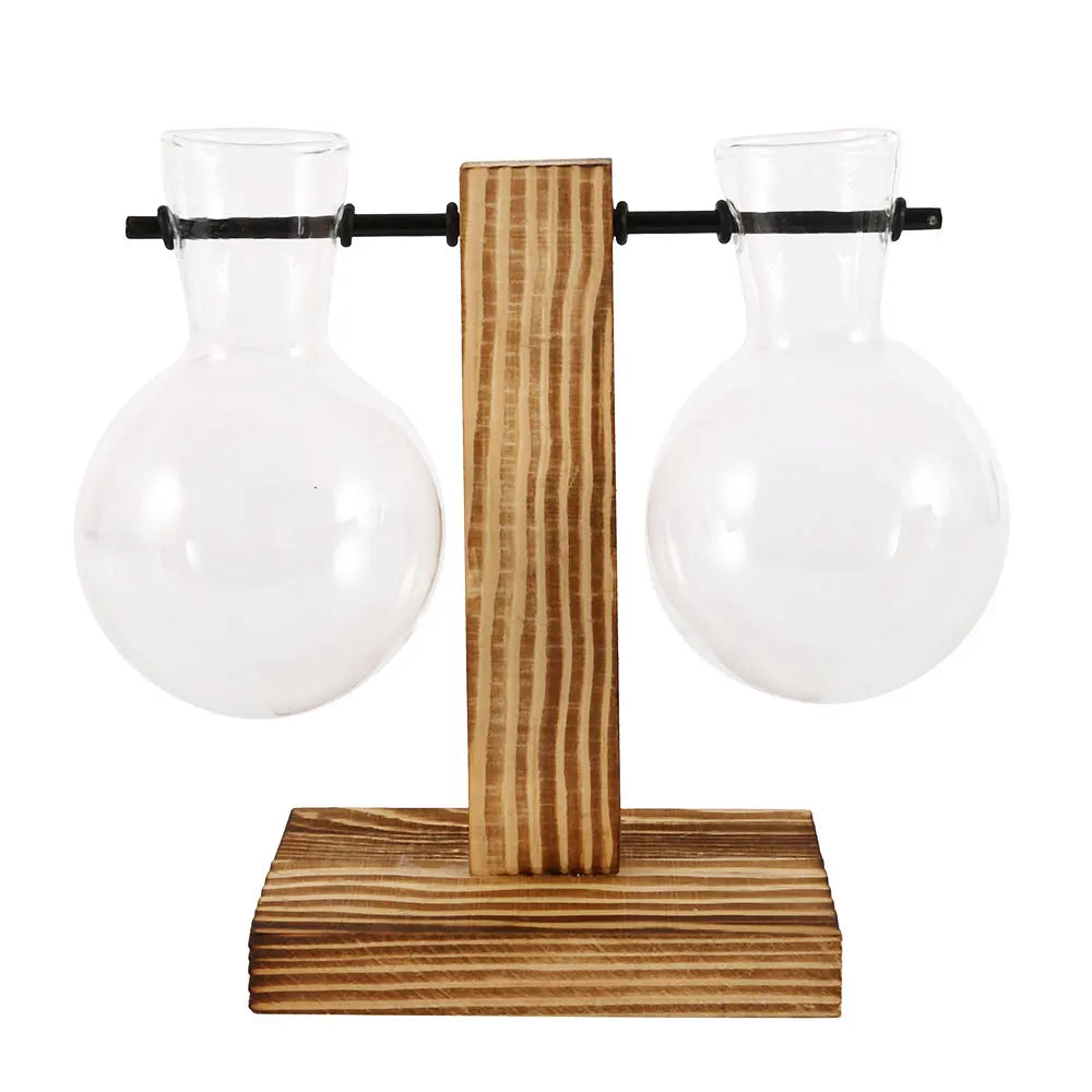 Glass Desktop Planter Bulb Vase Wooden Stand Hydroponic Plant Container Tabletop Decor Vases